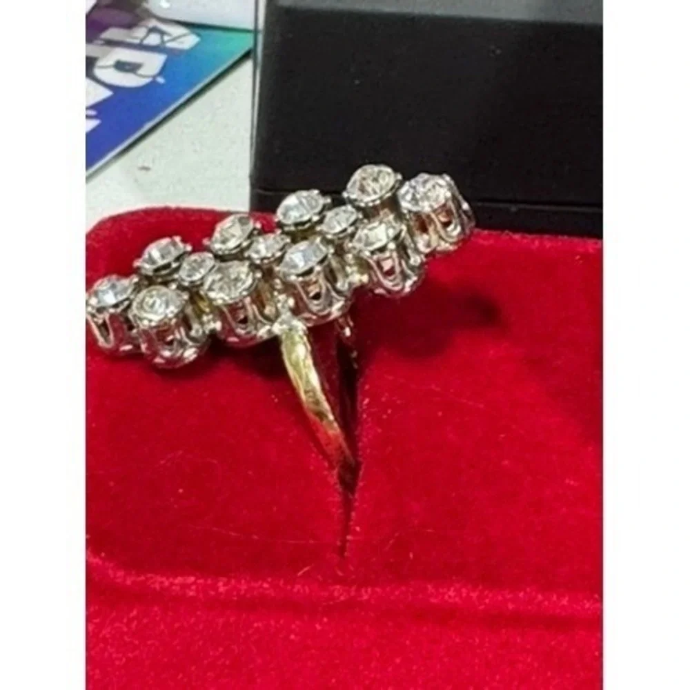 Vintage Mixed Metal Statement Ring Elongated Cluster Clear Stone Cocktail Sz 7.5